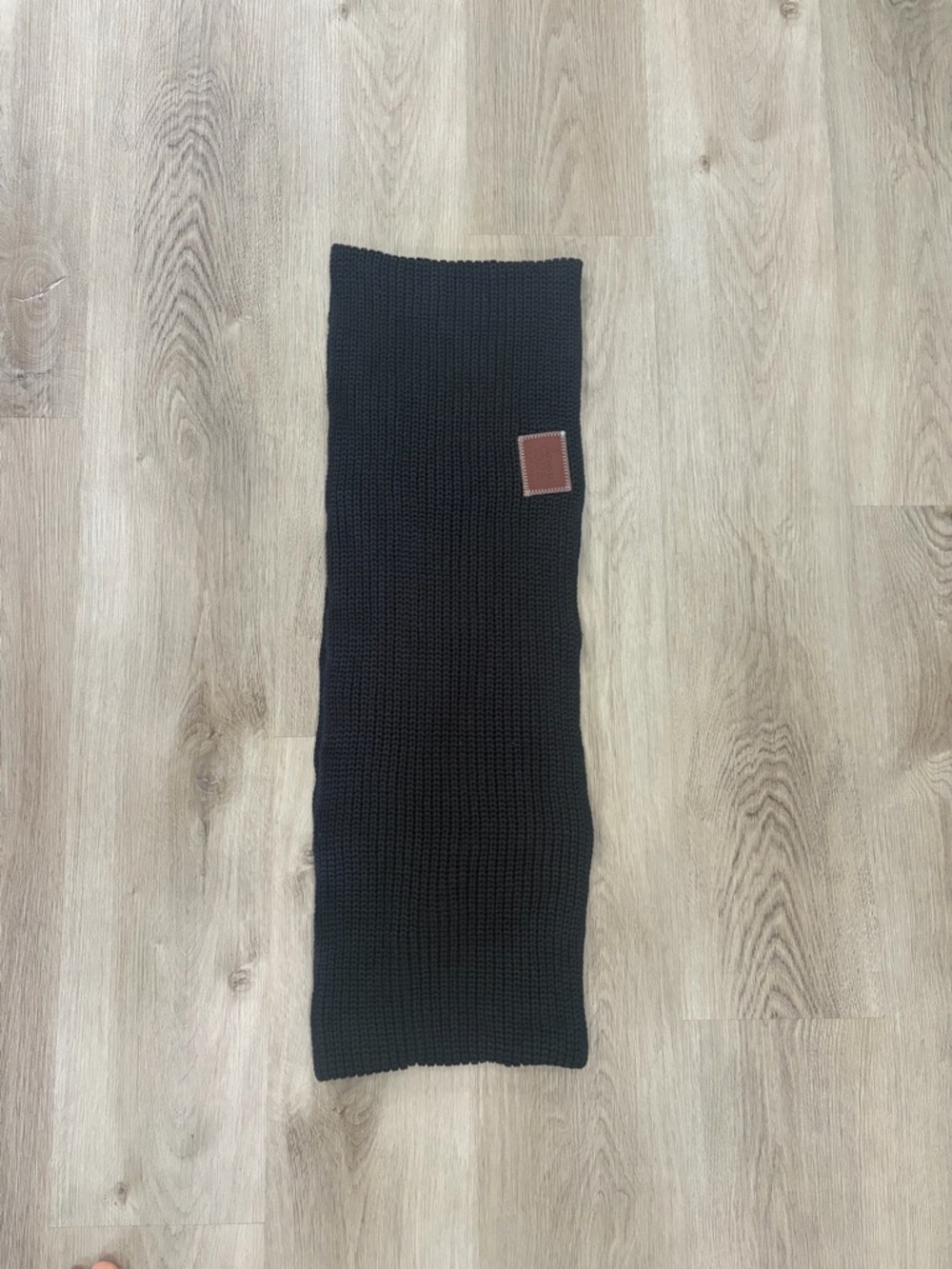 Love Your Melon Black Knit Scarf with Brown Patch